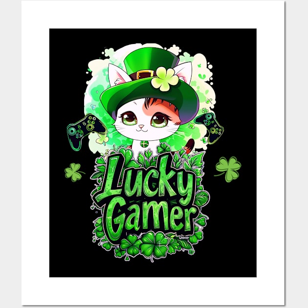 Lucky Gamer - St. Patrick's Day - Kawaii Cat Wall Art by MaystarUniverse